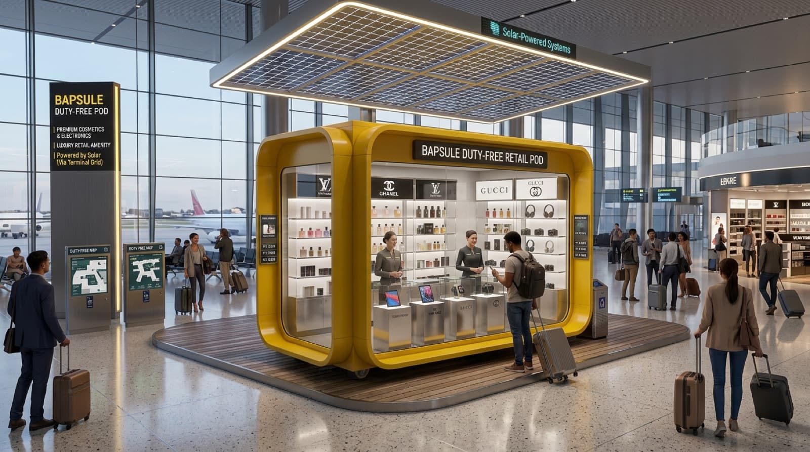 Bapsule duty-free retail pod at an international airport terminal