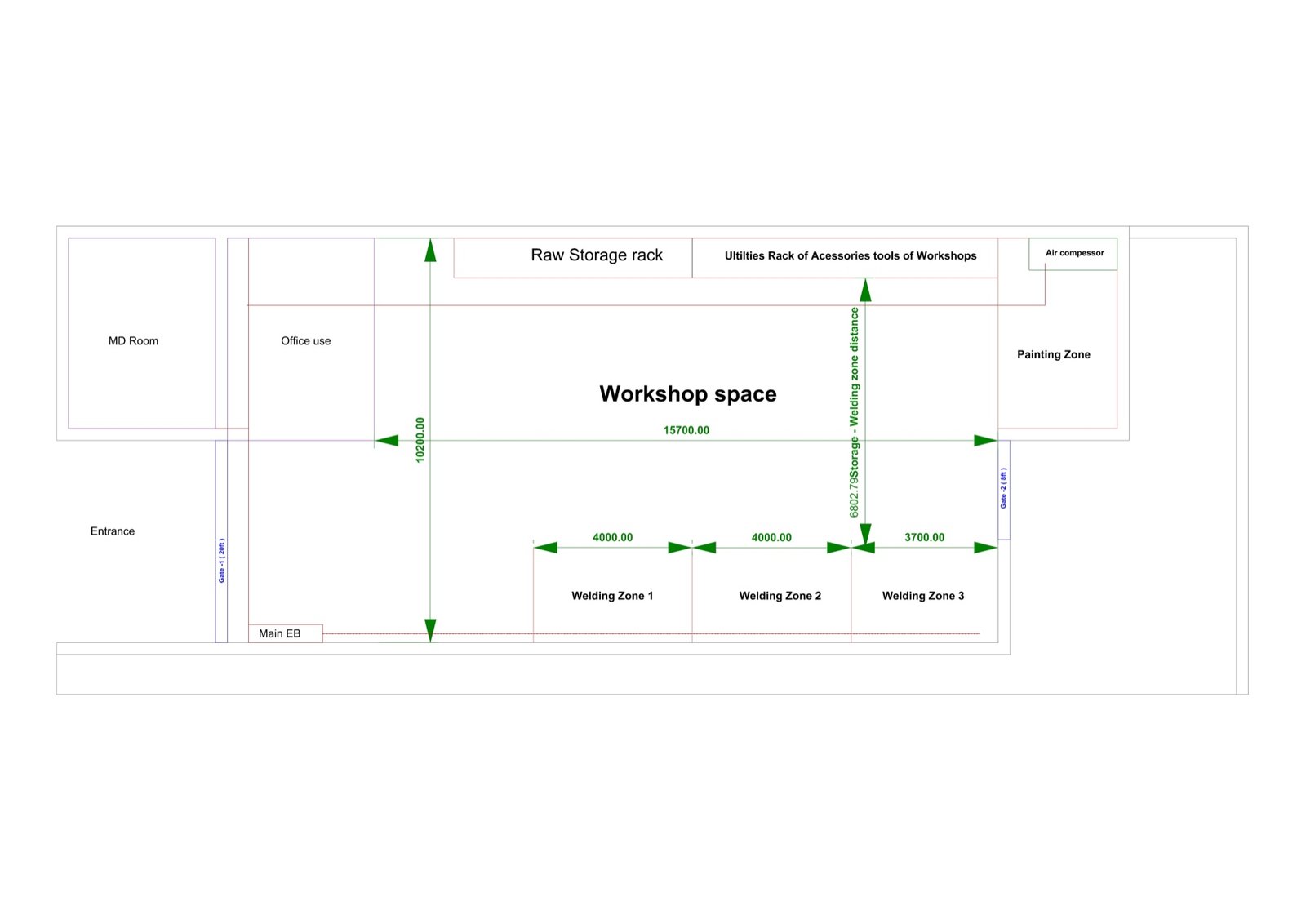 Blacxird workshop facility zoning layout — engineering studio, welding zones and painting zone