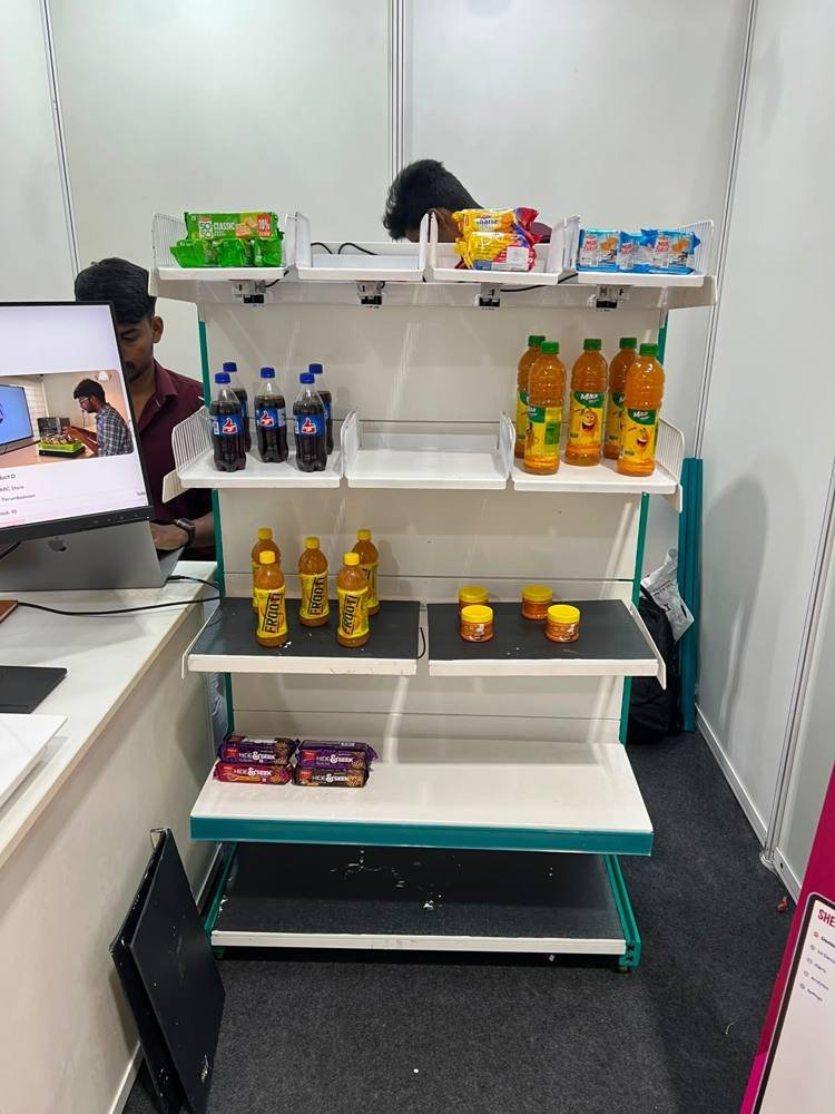 A stocked SHELFi unit, live at a demo booth.