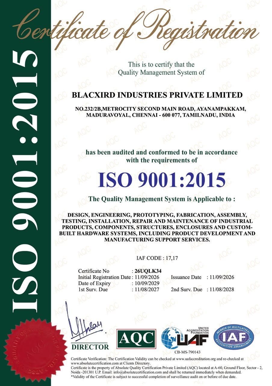 ISO 9001:2015 Certificate of Registration — Blacxird Industries Private Limited