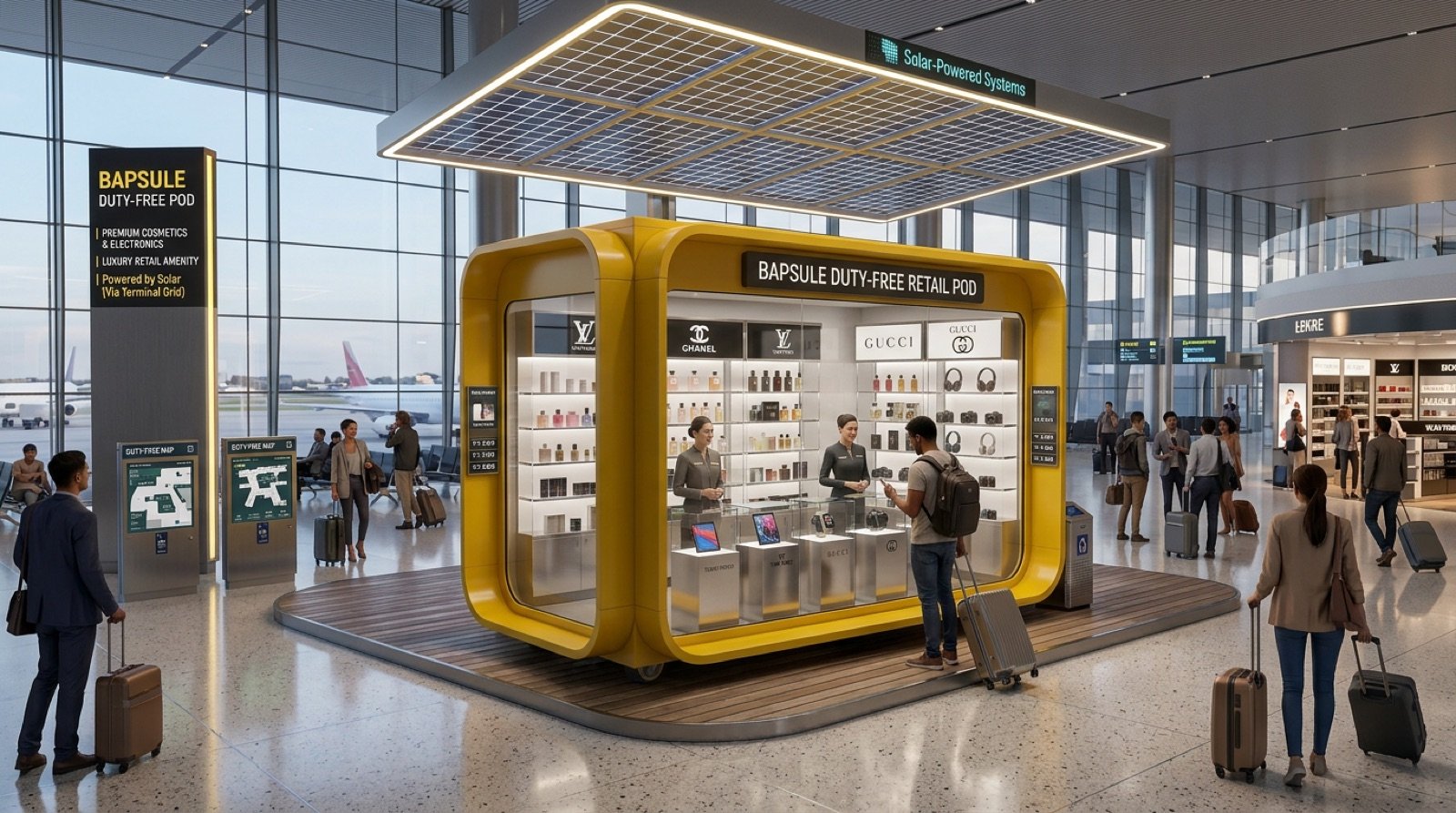 Bapsule duty-free retail pod at an international airport terminal