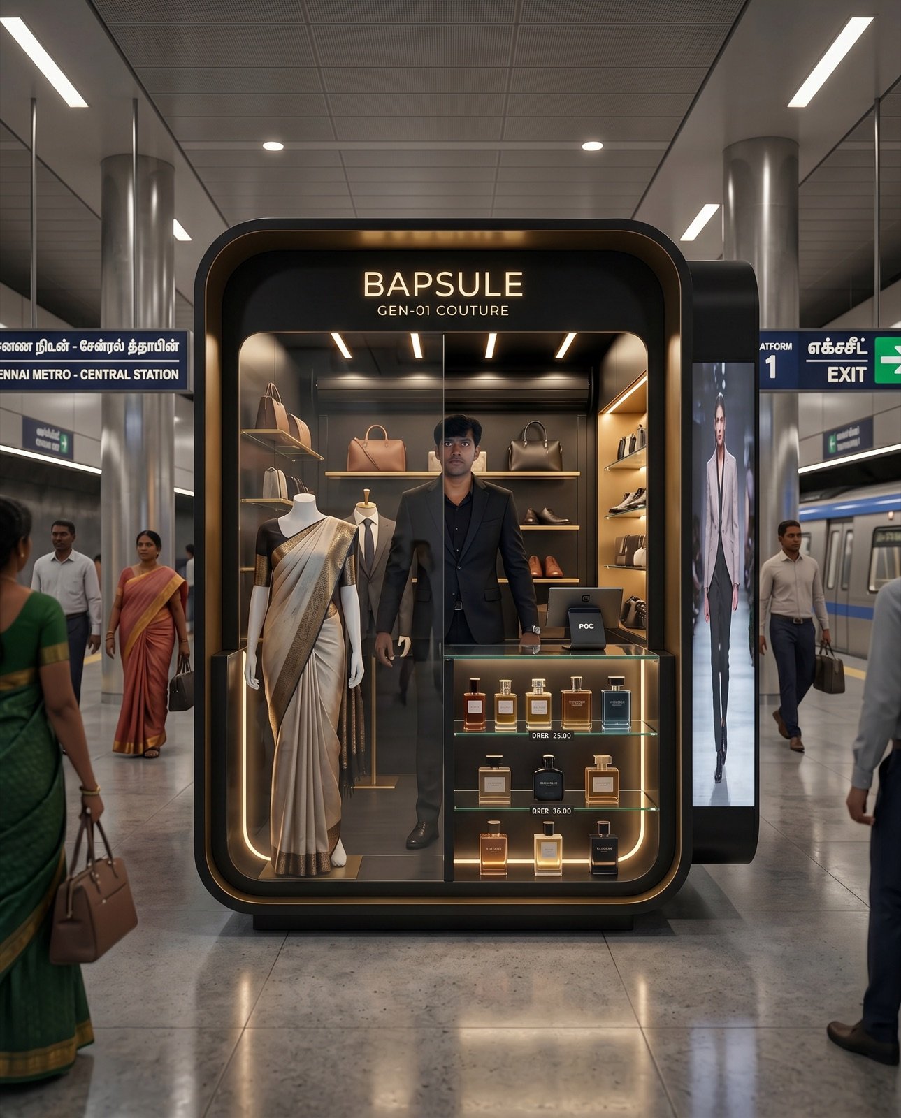 Bapsule luxury fashion store pod at a metro station
